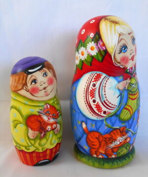 Tatiana knitting sock with kittens nesting Doll Babooshki s