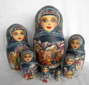Winter Troyka huge 7-set Babushka Matryoshka nesting Doll Babooshki Babushkas