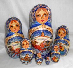 Winter Troyka in blue 7-set Babushka Matryoshka nesting Doll Babooshki Babushkas