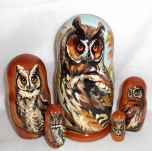 Grey Owl Babushka Matryoshka nesting Doll  Babooshki Babushkas