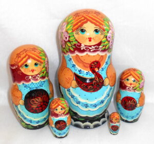 Olga with Khokhloma dishes Babushka Matryoshka nesting Doll Babooshki Babushkas