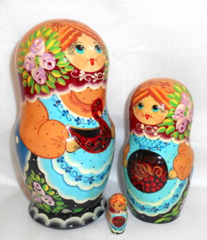 Olga with Khokhloma dishes nesting Doll Babooshki s