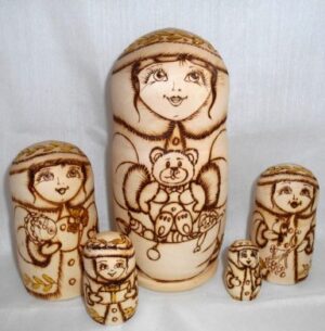 Girl in Winter coat Teddy Babushka Matryoshka nesting Doll Babooshki Babushkas