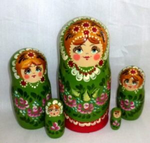 Shura in floral green dress Babushka Matryoshka nesting Doll Babooshki Babushkas