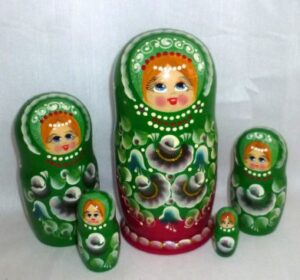 Vera in floral green dress Babushka Matryoshka nesting Doll Babooshki Babushkas