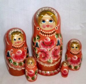 Vera in floral peach dress Babushka Matryoshka nesting Doll Babooshki Babushkas