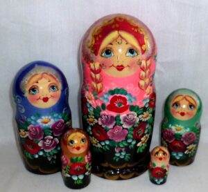 Nyura two plaits in pink scarf Babushka Matryoshka nesting Doll Babooshki Babushkas