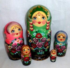 Nyura two plaits in soft green scarf Babushka Matryoshka nesting Doll Babooshki Babushkas