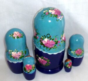 Olga in blue scarf nesting Doll Babooshki s