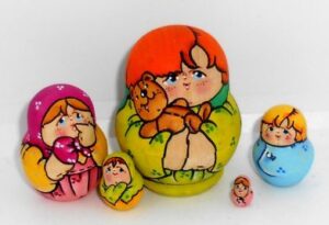 MINI Village kids with Teddy bear mini MINI TINY  Babushka Matryoshka nesting Doll Babooshki Babushkas
