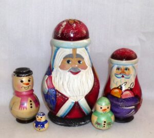 Santa Andrew with 3 snowmen carved nesting Doll Babooshki s