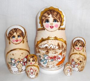 Girl and snowmen winter scene   Babushka Matryoshka nesting Doll  Babooshki Babushkas