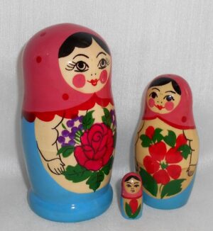 Semenov blue dress pink rose 5-set nesting Doll Babooshki s Classic Village Traditional