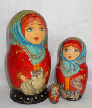 Cats Lovers green scarf nesting Doll Babooshki s