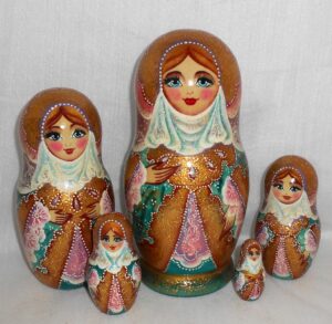 Winter Princes in green scarf   Babushka Matryoshka nesting Doll   Babooshki Babushkas