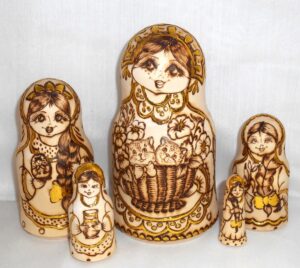 Anfisa with kittens in basket bell shape Babushka Matryoshka nesting Doll Babooshki Babushkas