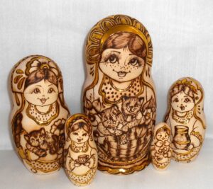 Anfisa with kittens in basket A Babushka Matryoshka nesting Doll Babooshki Babushkas