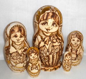 Anfisa with gold leaves and kittens in basket Babushka Matryoshka nesting Doll Babooshki Babushkas