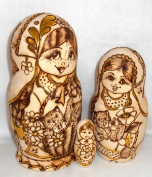 Anfisa with gold leaves and kittens in basket nesting Doll Babooshki s