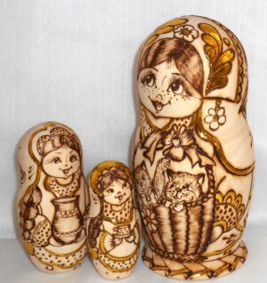 Anfisa with gold leaves and kittens in basket nesting Doll Babooshki s