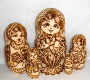 Anfisa with kittens in basket B Babushka Matryoshka nesting Doll Babooshki Babushkas