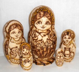 Anfisa with kittens in basket C Babushka Matryoshka nesting Doll Babooshki Babushkas