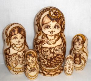 Anfisa with flowers and kittens in basket Babushka Matryoshka nesting Doll Babooshki Babushkas