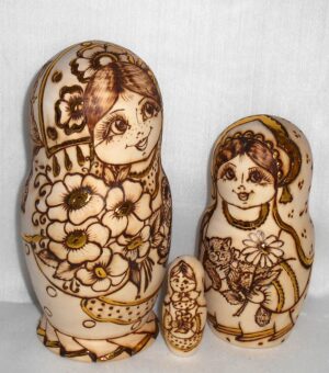 Anfisa with bunch of flowers and doll nesting Doll Babooshki s
