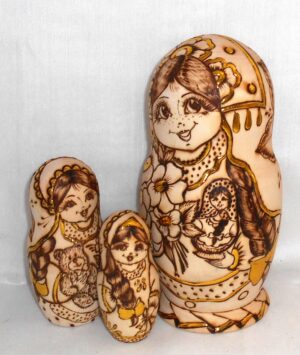 Anfisa with bunch of flowers and doll nesting Doll Babooshki s