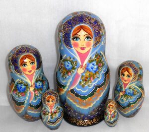 Sasha in light blue lace shawl  Babushka Matryoshka nesting Doll  Babooshki Babushkas