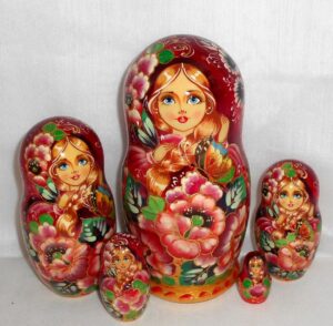 Butterfly girl crimson dress red flowers  Babushka Matryoshka nesting Doll  Babooshki Babushkas
