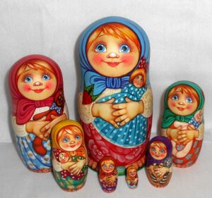 Village girls with traditional  toys acrylic Babushka Matryoshka nesting Doll Babooshki Babushkas