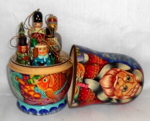 Santa and gold fish – Extra Large decor box nesting Doll Babooshki s
