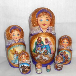 Nativity in purple 7-set Babushka Matryoshka nesting Doll Babooshki Babushkas