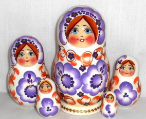Klava in floral white dress purple flowers  Babushka Matryoshka nesting Doll  Babooshki Babushkas