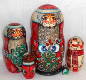 Santa with children around Xmas tree nesting Doll Babooshki s