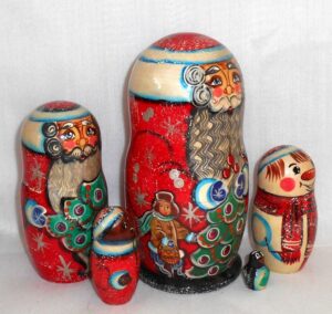 Santa with children around Xmas tree nesting Doll Babooshki s