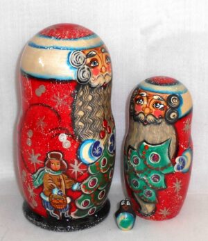 Santa with children around Xmas tree nesting Doll Babooshki s