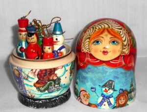 Girl and children making snowman decor box nesting Doll Babooshki s