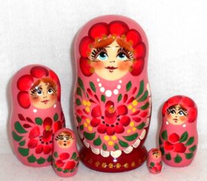 Olga in pink scarf red dress Babushka Matryoshka nesting Doll  Babooshki Babushkas