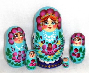 Olga in blue scarf dark blue dress Babushka Matryoshka nesting Doll  Babooshki Babushkas
