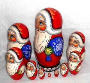 Huge Santa with blue Xmas sack 10-set nesting Doll Babooshki s
