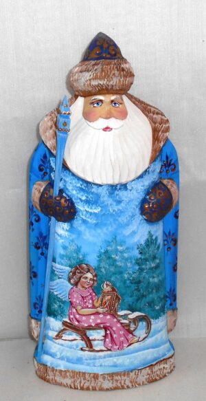 Father Frost in blue with Winter scene carved figure