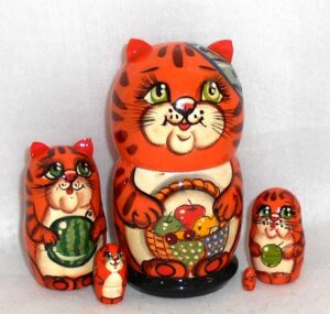 Funny orange cat with fruit basket small Babushka Matryoshka nesting Doll Babooshki Babushkas