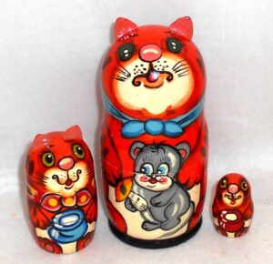 Funny ginger cat with mouse & mushroom 3-set small Babushka Matryoshka nesting Doll Babooshki Babushkas