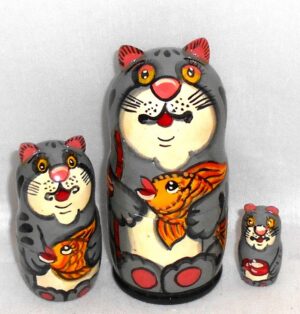 Funny grey cat with gold fish 3-set small Babushka Matryoshka nesting Doll Babooshki Babushkas