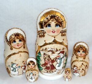 Girl and snowman winter scene Babushka Matryoshka nesting Doll Babooshki Babushkas