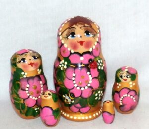 Lyuba pink flowers golden dress small  Babushka Matryoshka nesting Doll  Babooshki Babushkas