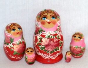 Nadya pink scarf red dress small  Babushka Matryoshka nesting Doll  Babooshki Babushkas