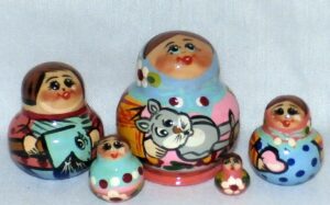 MINI Farmers family with grey cat Mini Tiny  Babushka Matryoshka nesting Doll Babooshki Babushkas